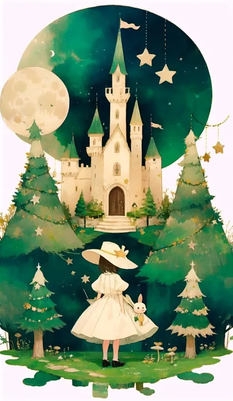 whitetown, 1girl, dress, hat, star (symbol), tree, solo, mushroom, castle, moon, white dress<lora:whitetown-block:1>