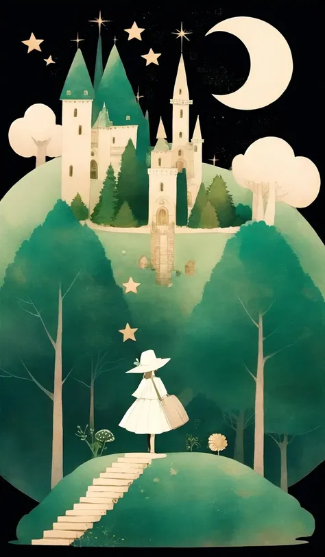 whitetown, 1girl, dress, hat, star (symbol), tree, solo, mushroom, castle, moon, white dress<lora:whitetown-block:1>