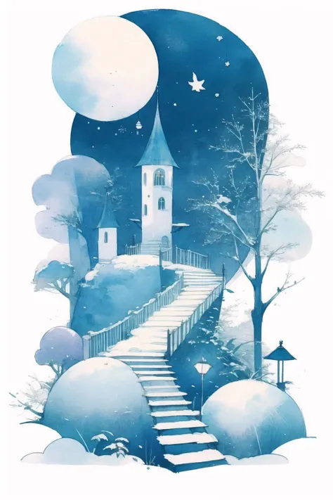whitetown, moon, tree, snow, night, full moon, scenery, painting (medium), sky, outdoors, watercolor (medium), traditional media, flower, lamppost <lora:whitetown-block:1>