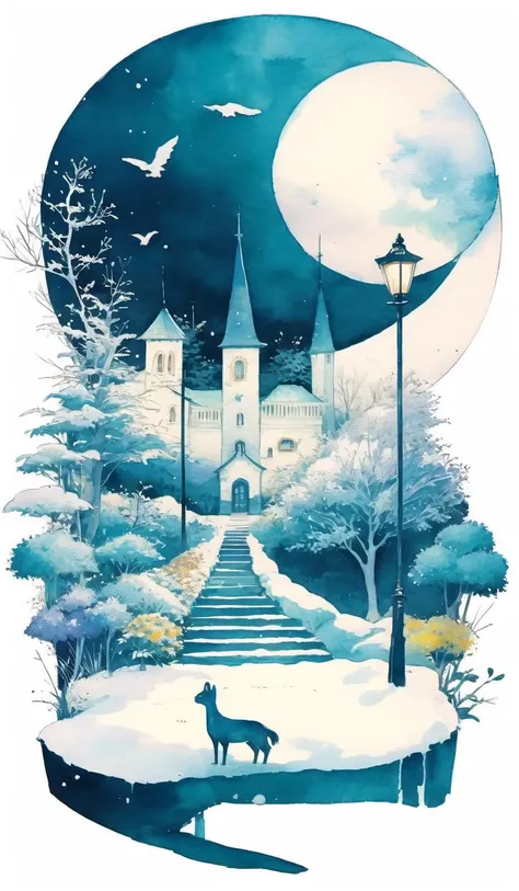 whitetown, moon, tree, snow, night, full moon, scenery, painting (medium), sky, outdoors, watercolor (medium), traditional media, flower, lamppost<lora:whitetown-block:1>