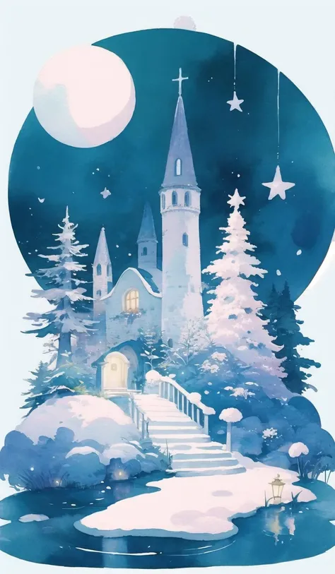 moon, tree, snow, night, full moon, scenery, painting (medium), sky, outdoors, watercolor (medium), traditional media, flower, lamppost <lora:whitetown-block-000009:1>