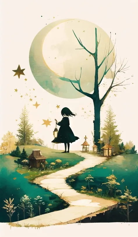 whitetown, moon, star (symbol), tree, 1girl, crescent moon, silhouette, painting (medium), solo, fence<lora:whitetown-block:1>