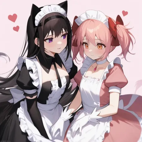 masterpiece,best quality,very aesthetic,absurdres,<lora:magica_2girl:1>,black_dress, white_gloves, black_choker, cat_ears, elbow_gloves, highres, fake_animal_ears, puffy_short_sleeves, maid_headdress, hair_ribbon, heart_background, looking_at_another, 2girls, pink_dress, enmaided, black_ribbon, maid_apron, kaname_madoka, red_bow, akemi_homura