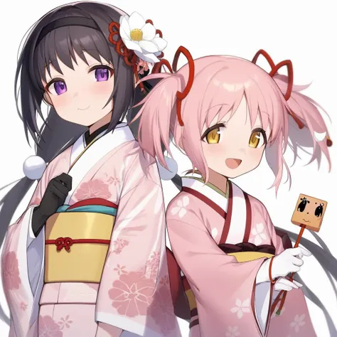 masterpiece,best quality,very aesthetic,absurdres,<lora:magica_2girl:1>,argyle_scarf, sakuramon, ema, hair_flower, white_gloves, highres, looking_at_viewer, jingle_bell, objectification, holding_arrow, simple_background, white_ribbon, sidelocks, print_kimono, hair_stick, kyubey, pink_kimono, official_alternate_costume, black_gloves, absurdres, hagoita, hamaya, closed_mouth, upper_body, open_mouth, han'eri, shippou_\(pattern\), black_hairband, red_ribbon, black_scarf, obi, long_sleeves, hair_ribbon, argyle_clothes, yellow_sash, 2girls, akemi_homura_\(haregi_ver.\), :d, kaname_madoka_\(haregi_ver.\), white_background, white_flower, holding_paddle, floral_print