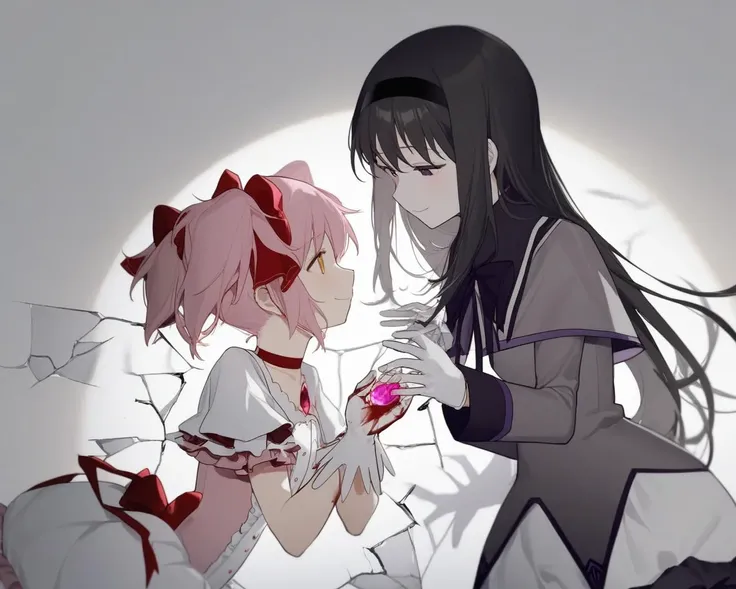 masterpiece,best quality,very aesthetic,absurdres,<lora:magica_2girl:1>,monochrome, bad_pixiv_id, bent_over, white_gloves, broken_glass, simple_background, blood_on_hands, partially_colored, profile, red_choker, from_side, light_smile, split_screen, neck_ribbon, hands_up, hand_rest, closed_mouth, happy, upper_body, ribbon_choker, bubble_skirt, two-tone_background, black_hairband, frilled_sleeves, red_ribbon, lens_flare, frilled_skirt, long_sleeves, center_frills, hair_ribbon, looking_at_another, against_wall, 2girls, puffy_sleeves, grey_capelet, looking_down, pink_ribbon, crack, white_skirt, flat_chest, white_background, arm_support, glowing, backlighting, grey_background, kaname_madoka, magical_girl, soul_gem, bad_id, commentary_request, akemi_homura, head_down