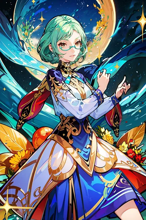 (Masterpiece:1.2, high quality), (pixiv:1.4),colorful world, (dynamic shot, dynamic pose:1.2)
haypasia_(genshin_impact), short_hair, gold_ornaments, glasses, green_hair, brown_eyes, semi-rimless_eyewear, wavy_hair, white and blue clothes, braid, aqua_hair,