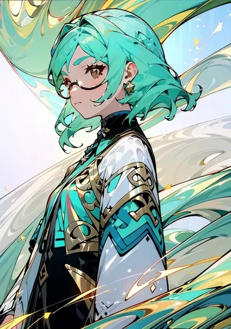 (masterpiece, best quality),(depth) of (field),  <lora:Haypasia_2:0.8> haypasia_(genshin_impact), short_hair, gold_ornaments, glasses, green_hair, brown_eyes, semi-rimless_eyewear, wavy_hair, white and blue clothes, braid, aqua_hair,   <lora:laser0626:1> laser, leishe, adult