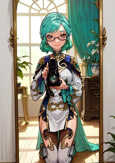 (masterpiece, best quality),(depth) of (field),  <lora:Haypasia_2:0.8> haypasia_(genshin_impact), short_hair, gold_ornaments, glasses, green_hair, brown_eyes, semi-rimless_eyewear, wavy_hair, white and blue clothes, braid, aqua_hair, <lora:ratatatat74-32dim:0.8>, <lora:MirrorSelfiePove:0.8> {sitting _ lying _ kneeling _ standing }, (mirror_1.1),( holding old camera_1.1), clothes, smile, adult