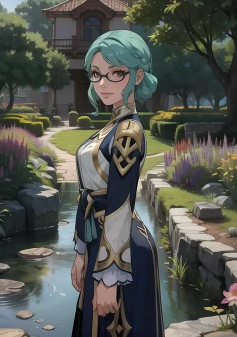 (masterpiece, best quality),(depth) of (field),  <lora:Haypasia_2:0.8> haypasia_(genshin_impact), short_hair, gold_ornaments, glasses, green_hair, brown_eyes, semi-rimless_eyewear, wavy_hair, white and blue clothes, braid, aqua_hair, woman standing in a beautiful garden, particles, light, chromatic abberation, heavanly, flowers, spotlight, pond, smile, wind, dynamic, , adult