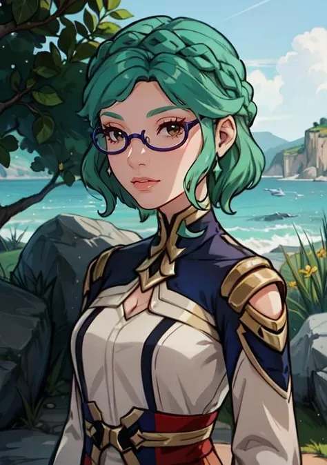 (masterpiece, best quality),(depth) of (field),  <lora:Haypasia_2:0.8> haypasia_(genshin_impact), short_hair, gold_ornaments, glasses, green_hair, brown_eyes, semi-rimless_eyewear, wavy_hair, white and blue clothes, braid, aqua_hair, adult