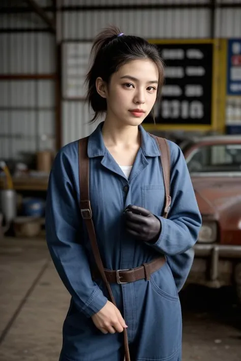 3. Young female mechanic (ethnicity: Hispanic, age: mid-20s) in a busy auto workshop (setting: industrial, cluttered). She's in a mechanic's jumpsuit (fabric: durable, oil-stained) with a tool belt. Her hair is tied back in a practical ponytail, with no makeup. She's working under a car (action: skilled, focused), her pose confident and capable. <lora:Instaface-7:1>