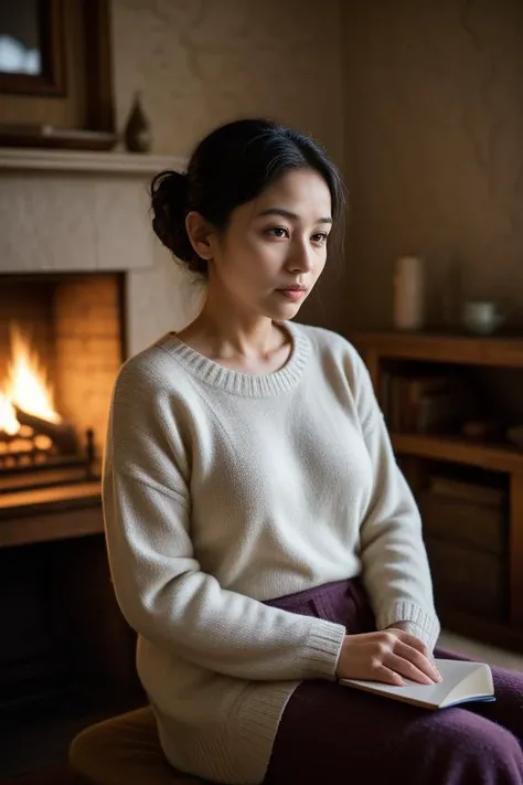 5. "Elderly woman (ethnicity: South Asian, age: 70s) sitting by a fireplace in a dim, cozy room (setting: rustic, peaceful). She's in a comfortable, knitted sweater (fabric: woolen, handmade) with her hair tied back simply, and a face showing the marks of time with no makeup. She's reading an old book (action: relaxed, content), her expression serene, illuminated by the warm, flickering firelight."