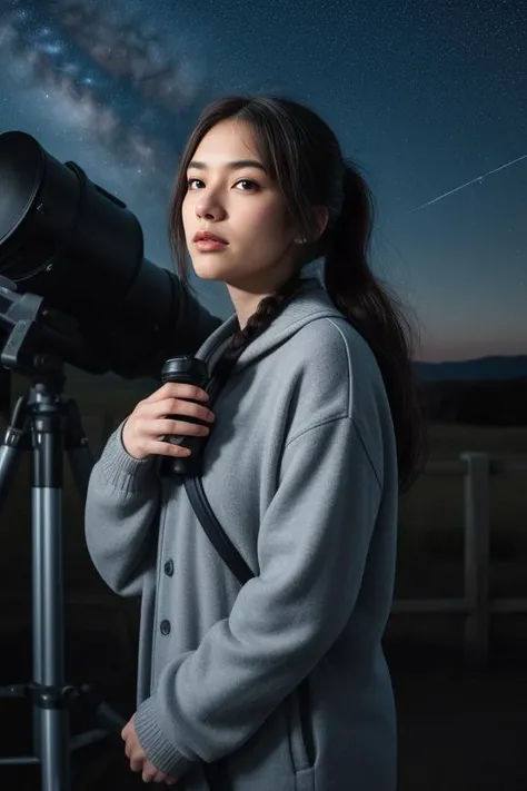 4. "Female astronomer (ethnicity: Caucasian, age: late 20s) in a dark observatory (setting: isolated, under starry sky). She's in casual, warm clothing (fabric: layered, comfortable) with her hair in a ponytail, and minimal makeup. She's gazing through a large telescope (action: exploratory, absorbed), her expression one of awe and curiosity, surrounded by the vast, star-filled darkness of the night."