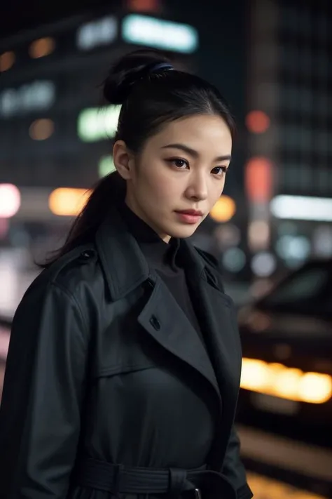 2. Female detective (ethnicity: Black, age: 30s) in a bustling city night (setting: neon-lit, urban). She's in a sleek trench coat (fabric: waterproof, dark) with her hair in a low ponytail, and sharp, understated makeup. She's examining clues (detail: focused, analytical), her stance determined and observant. <lora:Instaface-7:1>