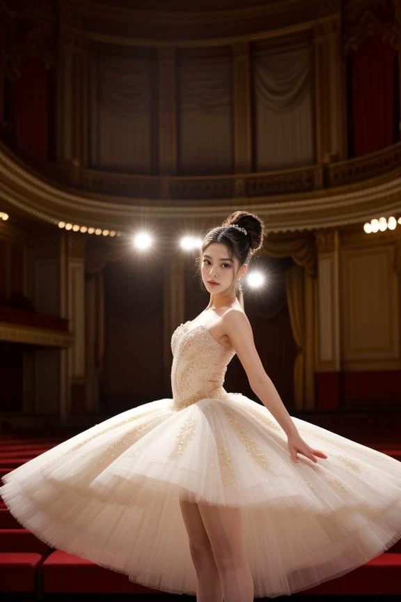 9. A young ballet dancer (ethnicity: Middle-Eastern, age: early 20s) in a grand, classical theatre (setting: opulent, historic). She's dressed in an exquisite, hand-sewn tutu (fabric: delicate tulle) with intricate beadwork. Her hair is styled in an elegant bun, adorned with white flowers, and her makeup is refined and graceful. She's performing a captivating pirouette (pose: graceful, poised), with the spotlight highlighting her, against a backdrop of velvet curtains and a mesmerized audience. <lora:Instaface-7:1>