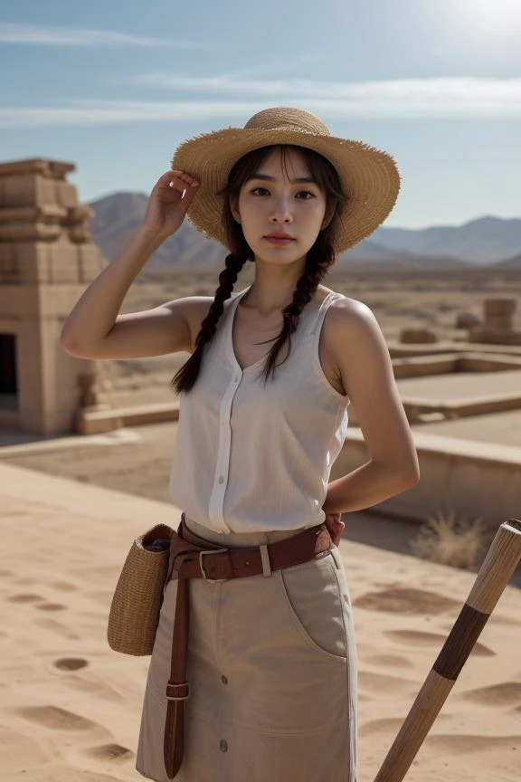 10. Female archaeologist (ethnicity: East Asian, age: late 30s) at an ancient excavation site (setting: desert, historic ruins). She's in practical field gear (fabric: lightweight, sun-protective) with a wide-brimmed hat. Her hair is in a functional braid, with sunscreen as makeup. She's carefully uncovering artifacts (tools: delicate, precise), her expression one of intense focus and discovery. <lora:Instaface-7:1>