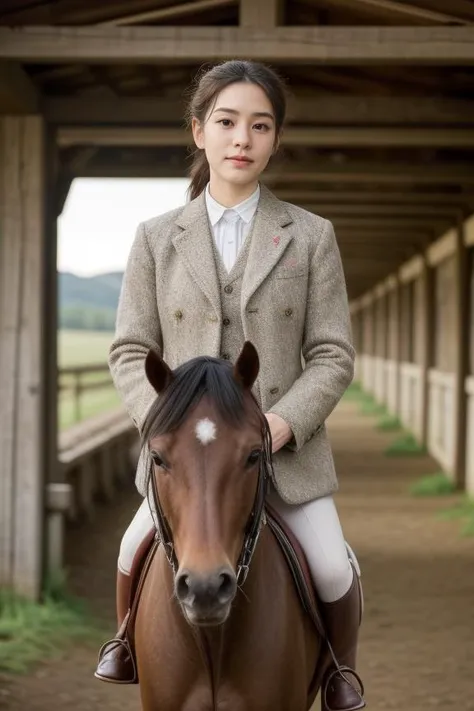 9. Female equestrian (ethnicity: White, age: mid-20s) in a rustic stable (setting: countryside, dawn). She's wearing traditional riding attire (fabric: tweed, fitted) with her hair in a low ponytail, and minimal, natural makeup. She's grooming a horse (breed: thoroughbred), her posture gentle and caring. <lora:Instaface-7:1>