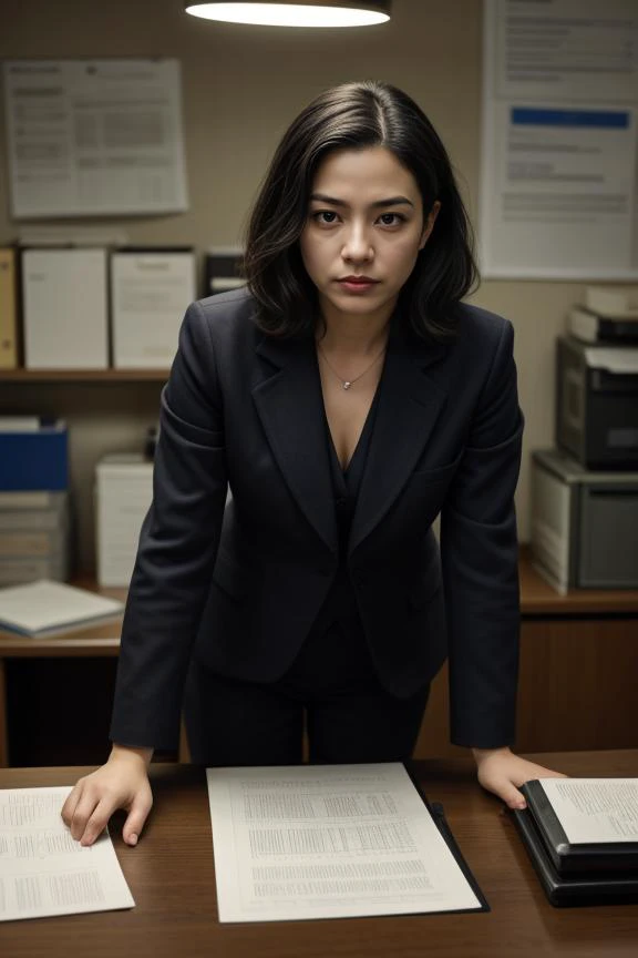 3. "Female detective (ethnicity: Hispanic, age: mid-30s) in a dim, cluttered office late at night (setting: noir-style, retro). She's wearing a tailored suit (fabric: sleek, dark) with her hair in a no-nonsense style, and minimal, serious makeup. She's poring over case files (action: focused, intense), her expression determined, in the glow of a single desk lamp amidst shadows and stacks of paperwork."