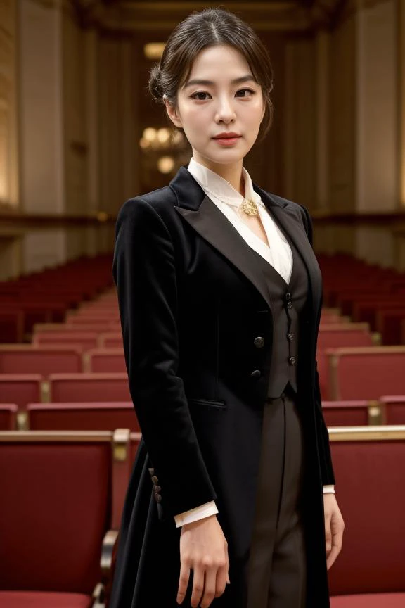 3. "Female symphony conductor (ethnicity: East Asian, age: mid-40s) at a grand concert hall (setting: opulent, acoustically perfect). She's in an elegant black tailcoat (fabric: silk, tailored) with her hair styled in a sophisticated updo, and makeup that's classic and commanding. She's directing an orchestra (action: dynamic, authoritative), her stance powerful and graceful, with the backdrop of an attentive, world-class ensemble and an engaged audience." <lora:Instaface-7:1>