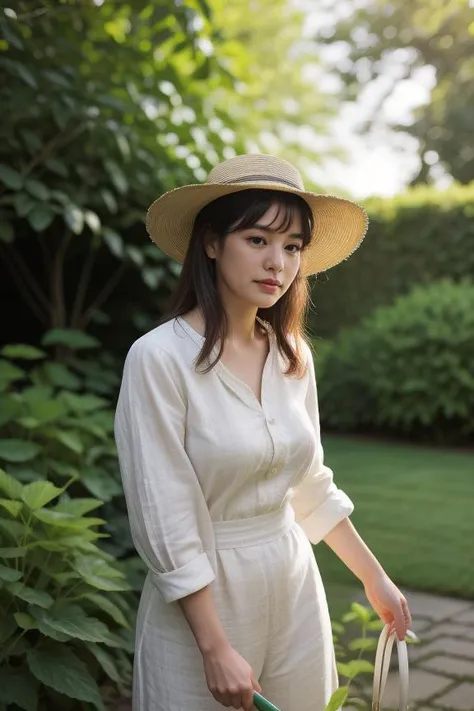 3. Senior female gardener (ethnicity: Hispanic, age: 60s) in a lush backyard garden (setting: verdant, well-tended). She's wearing a sun hat and light gardening clothes (fabric: linen), her hair in a simple style, with no makeup. She's pruning roses (action: skilled, gentle), her expression content and peaceful. <lora:Instaface-7:1>