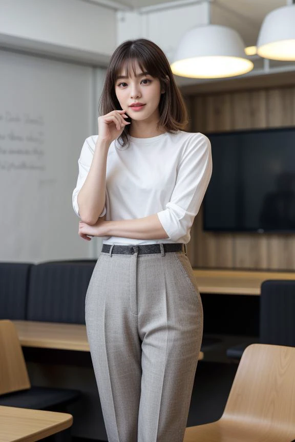 4. Young female entrepreneur (ethnicity: Caucasian, age: late 20s) in a trendy co-working space (setting: modern, collaborative). She's in smart-casual attire (fabric: comfortable, stylish) with her hair in a chic lob, and bright, confident makeup. She's pitching an idea (action: engaging, confident), her stance energetic and persuasive. <lora:Instaface-7:1>