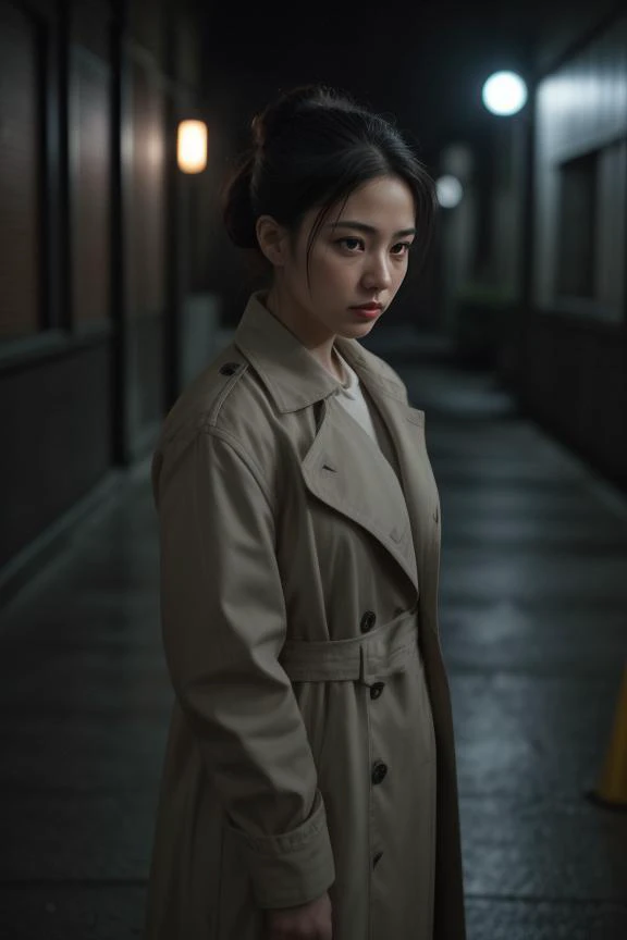 1. "Female investigator (ethnicity: Caucasian, age: mid-30s) at a foggy crime scene at night (setting: eerie, urban alleyway). She's wearing a dark, weathered trench coat (fabric: heavy, water-resistant) with her hair pulled back in a tight bun, and minimal, serious makeup. She's examining clues with a flashlight (detail: intense focus), her expression grim and determined, surrounded by caution tape and dim, flickering streetlights."