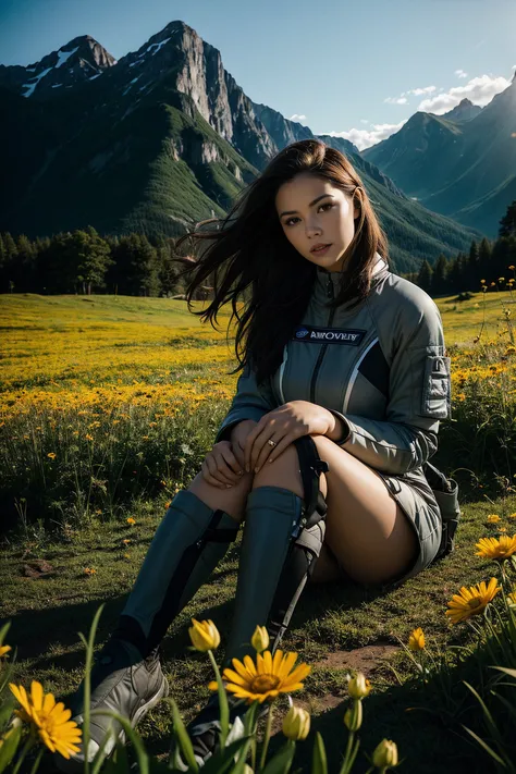 professional photo of a beautiful woman in grey space suit sitting in a tall grass, holding flowers, field, green colors, mountains in the background, warm colors, sunlight, contrast, film grain, photoshoot