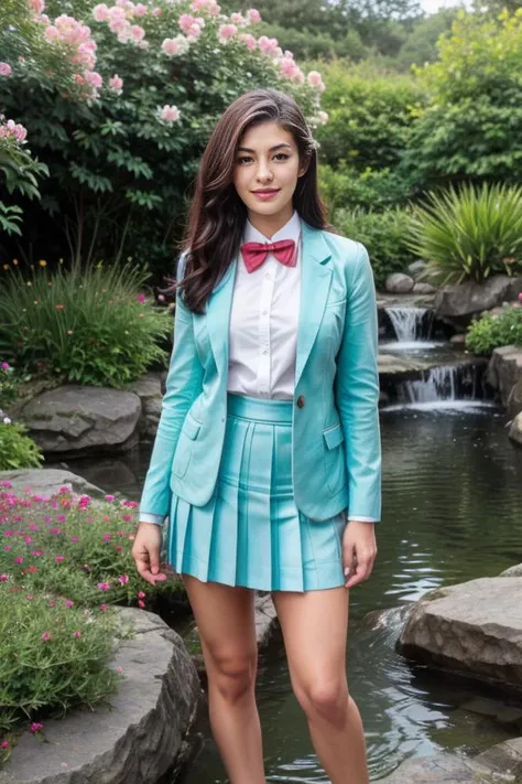 1 woman, detailed, realistic, standing, full body shot, scenic view, garden full of flowers, lily's, roses, flower:1.3, flowing water, rocks
<lora:Bowtie Blazer Dress By Stable Yogi:0.6> cyan blazer, bowtie, shirt, pleated skirt