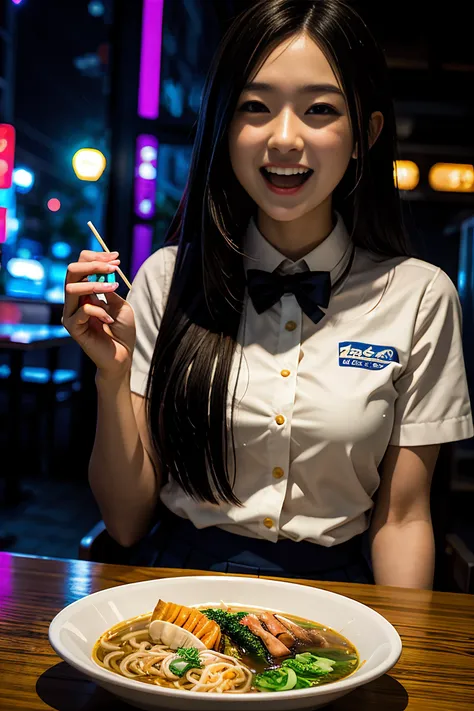 (masterpiece), best quality, ultra high res, close up, slim body, 1girl,school uniform, long hair, laughing, ramen, night, Tokyo restaurant background, colorful lights, photon mapping, radiosity, physically-based rendering, cinematic lighting, intricate, High Detail, Sharp focus, dramatic, photorealistic <lora:asianGirlsFace_v1:0.7>