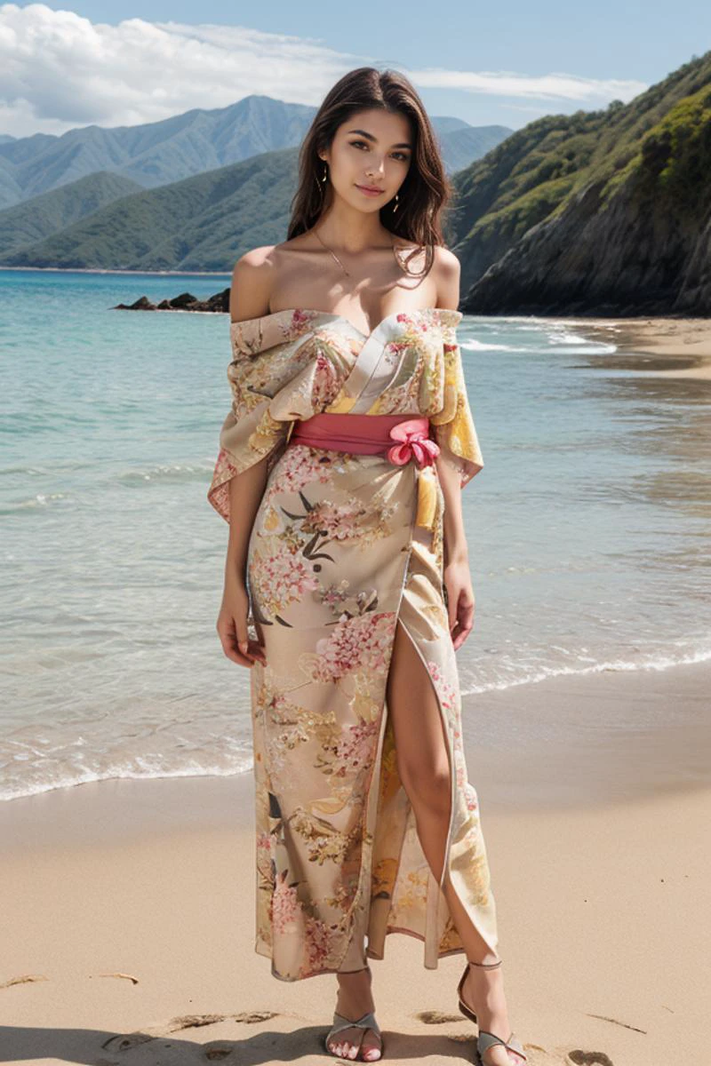 1 woman, detailed, realistic, standing, full body shot, scenic view, beach, sun
<lora:Kimono Floral Dress By Stable Yogi:0.6> yellow floral print kimono off shoulder