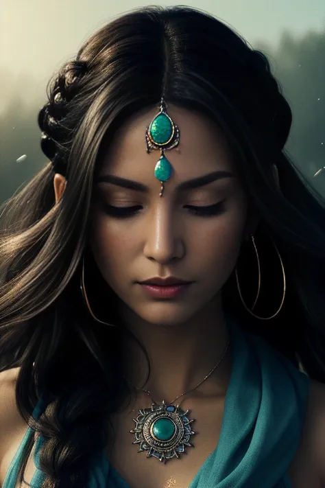 (full portrait, half shot), ((solo)), detailed background, detailed face, wise, (female), (indian, shaman, native american), headdress, mystical, long black hair, braids, (gorgeous face), head tilted upwards, (eyes closed, serene expression), calm, meditating, Seafoam Green frayed clothes, prayer beads, tribal jewelry, feathers, jade, obsidian, detailed clothing, realistic skin texture, (floating particles, water swirling, embers, ritual, whirlwind, wind), foreboding atmosphere, sharp focus, perfect lighting, perfect shading, volumetric lighting, good highlights, good shading, subsurface scattering, intricate, highly detailed, perfect body, (mature adult:1.37), ((cinematic)), dramatic, beautiful, gorgeous, stunning, (highest quality, award winning, masterpiece:1.35), , (comic style), (line art:1.35)