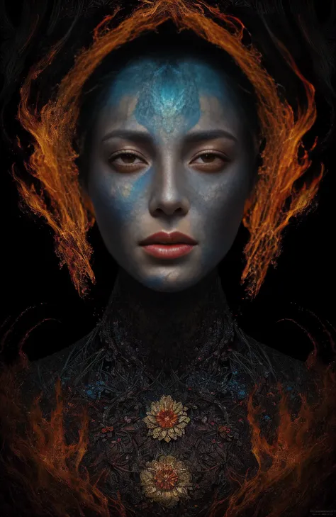 An ultra hd detailed painting of many different types of flowers by android jones, earnst haeckel, james jean. behance contest winner, generative art, baroque, intricate patterns, fractalism, movie still, photorealistic,Portrait of a beautiful woman surrounded by fire, portrait of beautiful young maiden, warhammer, some red water, the middle ages, highly detailed, artstation, illustration, sylvari portrait, 8 k quality, art by partick woodroof