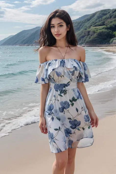 1 woman, detailed, realistic, standing, full body shot, scenic view, beach, high waves
<lora:Off Shoulders Flower Print Dress By Stable Yogi:0.5> navy off shoulders flower print dress