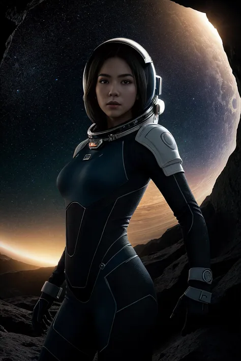 award winning adventure-themed still image from a science fiction tv series, female astronaut exploring an alien stargate on an asteroid in deep space, mysterious, futuristic, sense of wonder, rim lighting, volumetric, trending on art station, 8k resolution, action-packed, dynamic pose, raw image, best quality, atmospheric scene, (detailed beautiful face, detail skin texture, ultra-detailed body:1.1),diffuse lighting, natural soft colors, hyper-realistic,