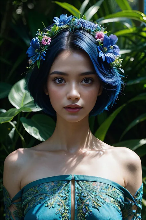 fashion photography portrait of blue human avatar, in blue lush jungle with flowers and birds, 3d render, cgi, symetrical, octane render, 35mm, bokeh, 9:16, (intricate details:1.12), hdr, (intricate details, hyperdetailed:1.15), (natural skin texture, hyperrealism, soft light, sharp:1.2)