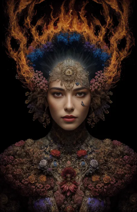 An ultra hd detailed painting of many different types of flowers by android jones, earnst haeckel, james jean. behance contest winner, generative art, baroque, intricate patterns, fractalism, movie still, photorealistic,Portrait of a beautiful woman surrounded by fire, portrait of beautiful young maiden, warhammer, some red water, the middle ages, highly detailed, artstation, illustration, sylvari portrait, 8 k quality, art by partick woodroof