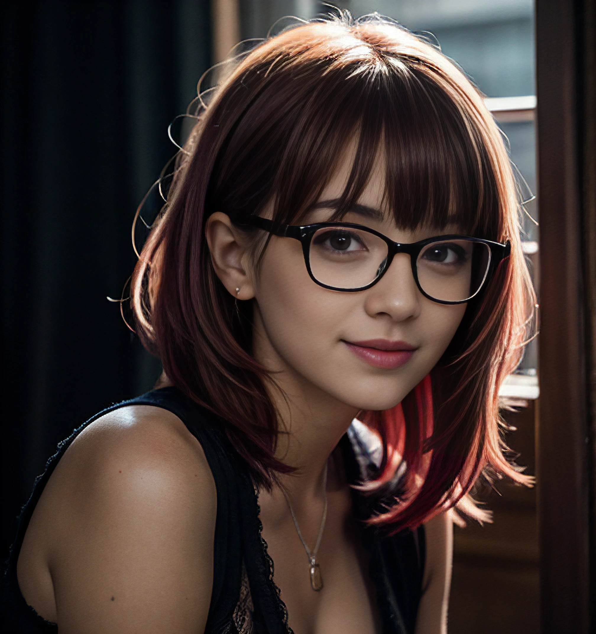 (Realistic),masterpiece,best quality,cinematic lighting,natural shadow,looking at viewer,Worm's Eye View,edgCorset,1girl,photo of a cute girl,full body,light smile,charming,20yo,glasses,Side-swept bangs Hair.Hair between eyes,Hot pink hair,Lace-up,Inlay,Raw photo,8k,uhd,dslr,soft,lighting,high quality,film grain,hyperrealismus,hyperrealistic,Atmospheric,Realistic Skin Texture,realistic hair details,ultra quality,best quality,Hyper Realism,