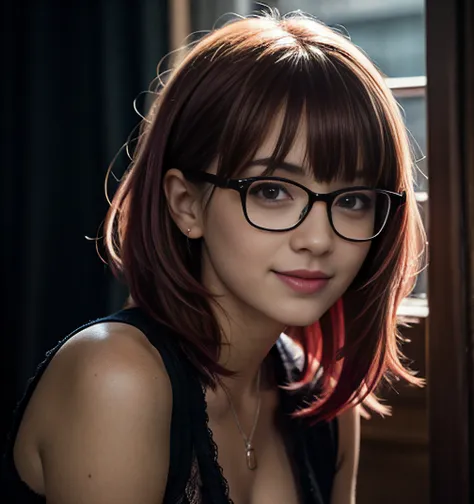 (Realistic),masterpiece,best quality,cinematic lighting,natural shadow,looking at viewer,Worm's Eye View,edgCorset,1girl,photo of a cute girl,full body,light smile,charming,20yo,glasses,Side-swept bangs Hair.Hair between eyes,Hot pink hair,Lace-up,Inlay,Raw photo,8k,uhd,dslr,soft,lighting,high quality,film grain,hyperrealismus,hyperrealistic,Atmospheric,Realistic Skin Texture,realistic hair details,ultra quality,best quality,Hyper Realism,