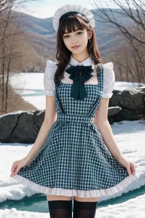 1 woman, detailed, realistic, standing, full body shot, scenic view
<lora:Maid Dress 2 By Stable Yogi:0.8> teal plaid maid dress, apron, thighhighs