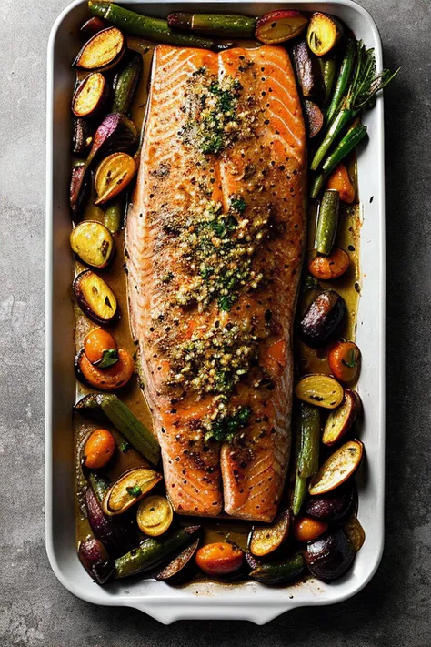 BAKED SALMON WITH A SIDE OF ROASTED VEGETABLES