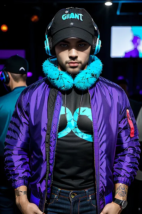 (((giant turquoise male human cat wearing a purple jacket))), perfect body,using purple headphones ,(black tshirt) , black jeans pants,((black cap backwards)) , nigth , at the club mixing music <lora:Trush-B:0.1>,<lora:sxz-concept:1>,