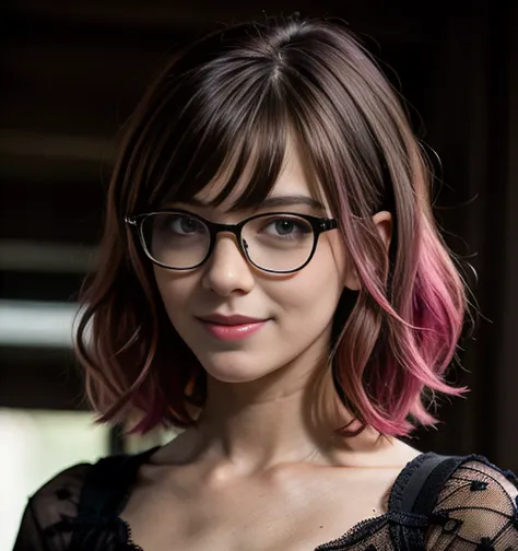 (Realistic),masterpiece,best quality,cinematic lighting,natural shadow,looking at viewer,Worm's Eye View,edgCorset,1girl,photo of a cute girl,full body,light smile,charming,20yo,glasses,Side-swept bangs Hair.Hair between eyes,Hot pink hair,Lace-up,Inlay,Raw photo,8k,uhd,dslr,soft,lighting,high quality,film grain,hyperrealismus,hyperrealistic,Atmospheric,Realistic Skin Texture,realistic hair details,ultra quality,best quality,Hyper Realism,