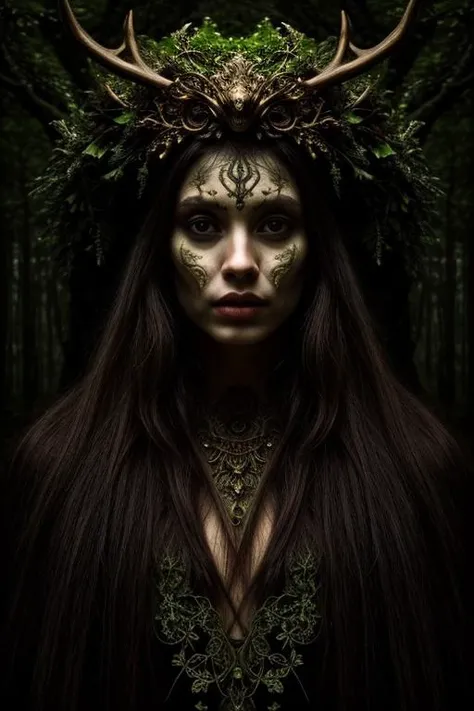 woman in a mythical forest, masterpiece, perfect face, intricate details, horror theme