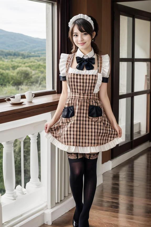 1 woman, detailed, realistic, standing, full body shot, scenic view
<lora:Maid Dress 2 By Stable Yogi:0.8> orange plaid maid dress, apron, thighhighs