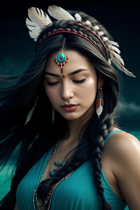 (full portrait, half shot), ((solo)), detailed background, detailed face, wise, (female), (indian, shaman, native american), headdress, mystical, long black hair, braids, (gorgeous face), head tilted upwards, (eyes closed, serene expression), calm, meditating, Seafoam Green frayed clothes, prayer beads, tribal jewelry, feathers, jade, obsidian, detailed clothing, realistic skin texture, (floating particles, water swirling, embers, ritual, whirlwind, wind), foreboding atmosphere, sharp focus, perfect lighting, perfect shading, volumetric lighting, good highlights, good shading, subsurface scattering, intricate, highly detailed, perfect body, (mature adult:1.37), ((cinematic)), dramatic, beautiful, gorgeous, stunning, (highest quality, award winning, masterpiece:1.35), , (comic style), (line art:1.35)