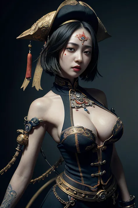 (masterpiece, best quality:1.5), official art, unity 32k wallpaper, ultra detailed, surreal, intricate details, photorealistic, vibrant, aesthetic, (steampunk), mechanical arms, mechanical parts,
1girl, (jiangshi, jiangshi costume, chinese talisman), talisman between eyes, cleavage, grey skin,
dynamic pose, dynamic angles,