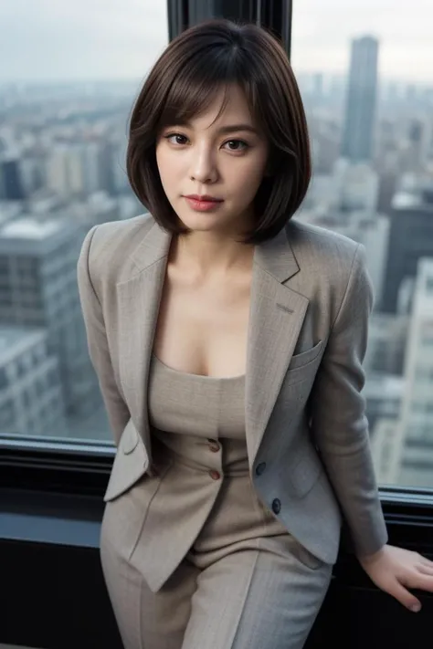 4. Female executive (ethnicity: Black, age: 40s) in a high-rise office (setting: modern, overlooking a cityscape). She's in a sharp business suit (fabric: fine wool, tailored) with her hair styled in a sleek bob, and professional makeup. She's looking out the window (view: sprawling city below), her pose powerful and contemplative. <lora:Instaface-7:1>