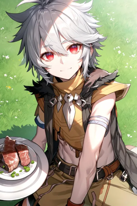 <lora:razor:0.9>, razor, solo, male focus, 1boy, (male child, little boy of age 7), grey hair, red eyes, scar on left cheek, messy hair, (midriff),
sitting, outdoors, plates, meat dish, grass, sparkling eyes, eye reflection, (smile:0.9), (hoodie, hood down:0.5), wariza,
looking up, dutch angle, (close-up:1.1), (cute adorable detailed face), best quality