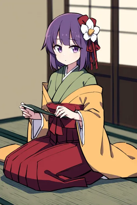 masterpiece, best quality, <lora:HiedanoAkyuu:1>,hieda no akyuu, 1girl, purple hair, solo, japanese clothes, purple eyes, flower, hair ornament, hair flower, scroll, kimono, green kimono, short hair, skirt, wide sleeves, long sleeves, seiza, red skirt, looking at viewer, one-hour drawing challenge, sitting, hakama, closed mouth, red hakama, tatami, holding, layered clothes, indoors, ribbon, bangs, hakama skirt, full body, red ribbon, socks