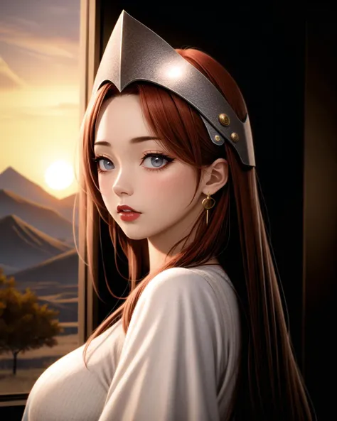 ((masterpiece), best quality, high quality, professional quality , highly detailed, highres, perfect lighting, natural lighting), German Sallet Helmet Armor, Madam, Average Height, Slim, Oval Face, Tan Skin, Red Hair, Sapphire Eyes, Long Nose, Pouty Lips, Round Chin, Shoulder-Length Hair, Straight Hair, Braided Half Up, asymmetrical breasts, Drop earrings, orange matte lipstick, A dramatic sunset over a mountain range